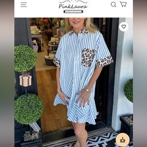 Woman’s XL Pink  Laura Blue Striped Dress with Leopard Accents